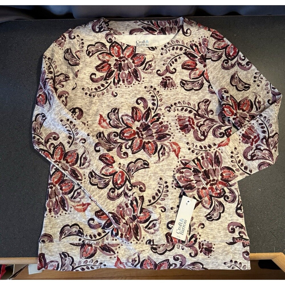 NWT CROFT & BARROW Extra Soft Sweatshirt Top Petite XS Floral cottage core fall